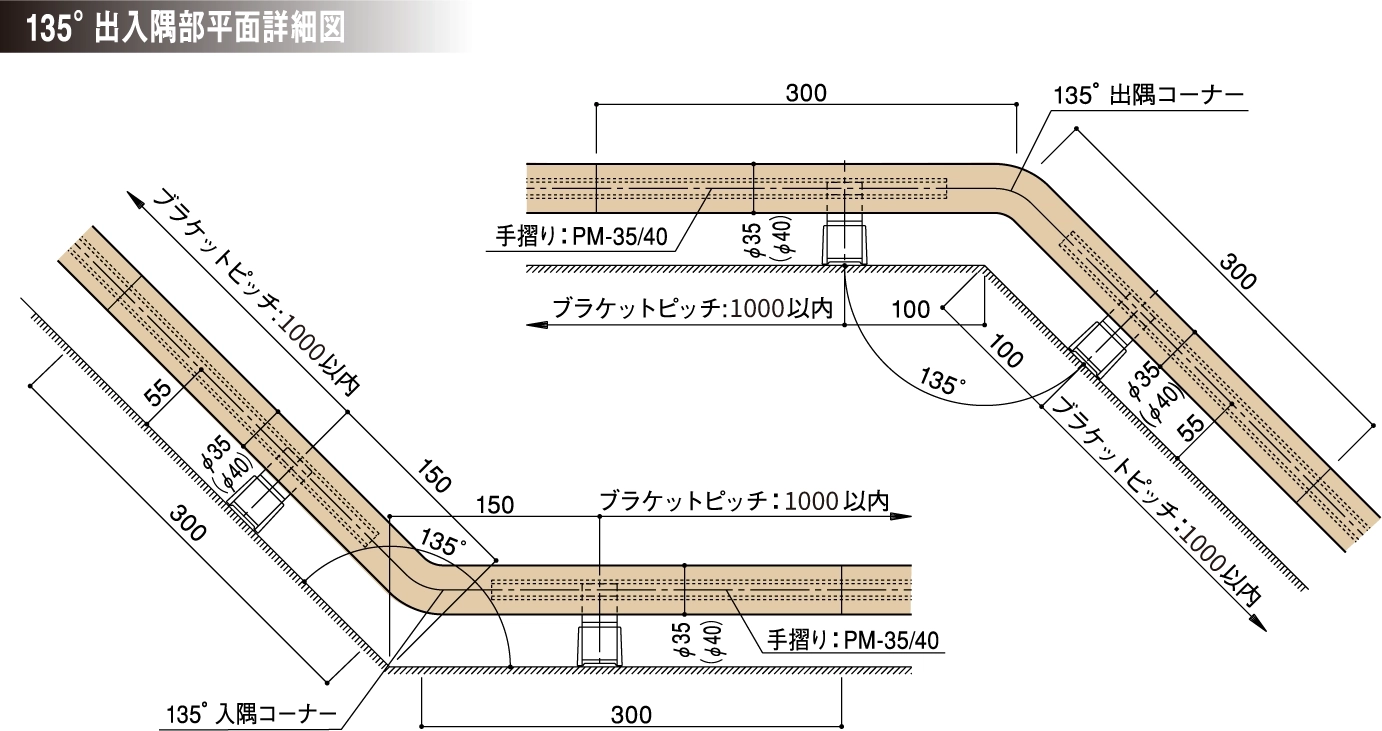 手摺り　パームメイト　135°出入隅部平面詳細図